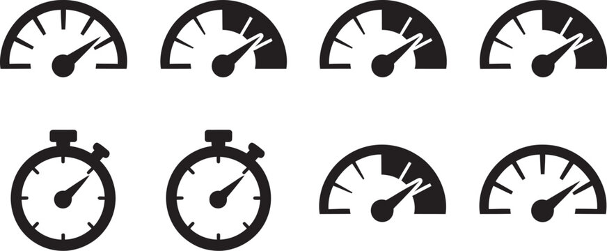 Speedometer gauge icons, speed indicator symbols, car dashboard measurement meters, black and white vector illustration, automotive performance design, and modern transportation interface elements.