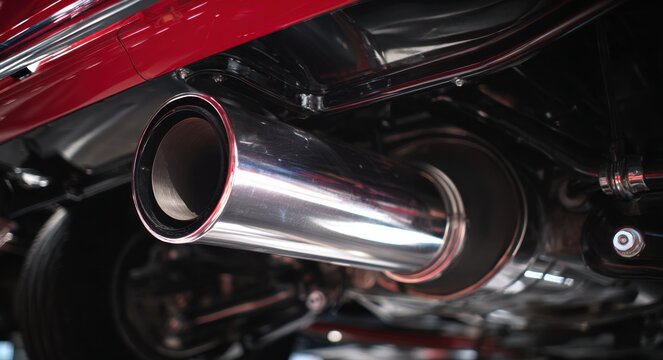 Vehicle exhaust pipe detail underneath a red car