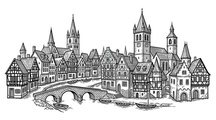 Medieval Town Illustration with Bridge and River © albab