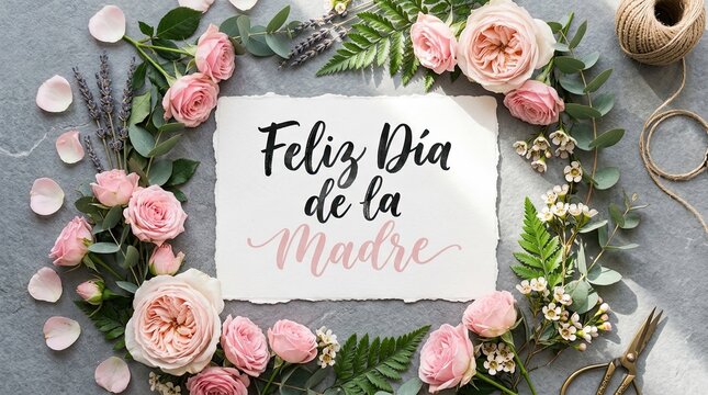 Elegant Feliz Dia de la Madre Typography with Pink Roses and Lavender Floral Frame
