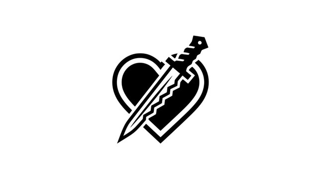 A minimalist black and white icon featuring a sharp dagger piercing through a stylized heart shape