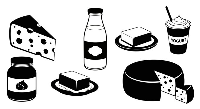 Comprehensive collection of dairy products featuring milk bottles, cheddar cheese blocks, greek yogurt cups, butter slices, cream, and cottage cheese on a neutral background.