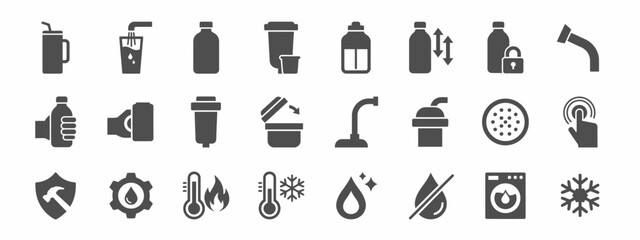 Fototapeta premium Water purification and bottle glyph icon set