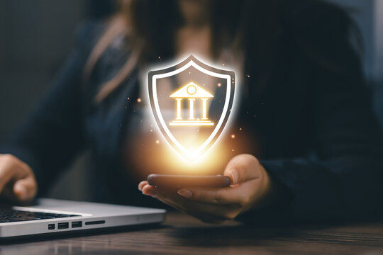 Banking security protection concept with digital shield, secure financial services, online banking safety, mobile finance, cybersecurity, data privacy, and trusted payment protection.