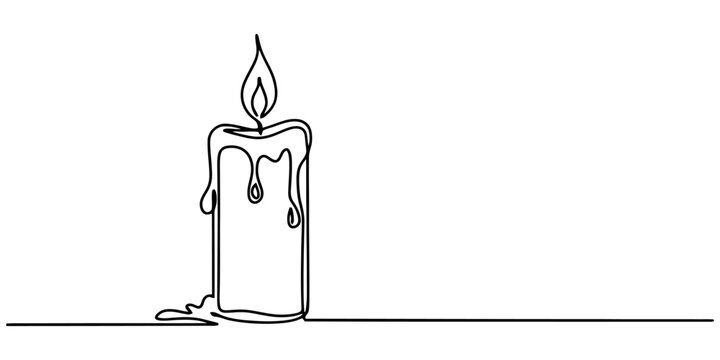 Continuous single line drawing of a burning wax candle with flame Vector, illustration