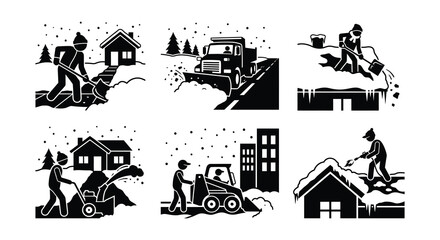 Fototapeta premium Snow Removal Vector Illustrations Shoveling Plowing And Blowing Snow