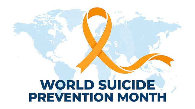 Orange awareness ribbon over world map for suicide prevention month