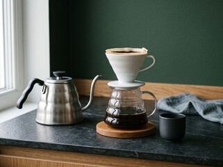 Fototapeta premium Minimalist Manual Pour Over Coffee Brewing Setup on Dark Kitchen Counter