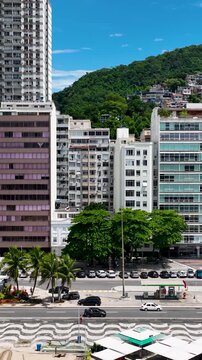 Arpoador Beach At Downtown Rio De Janeiro Rio De Janeiro Brazil. Aerial View Of A Bustling City With High(Rise Buildings And Traffic. Shore Horizon Beach Sea. Shore Seaside Panning Wide.