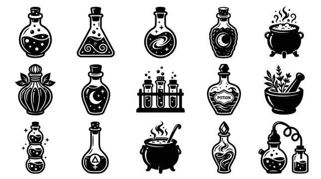 Alchemy Magic Potions Bottles Black  White Glyph Icons Set - Witchcraft, Science Lab Elixirs