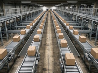 Fototapeta premium Automated Conveyor Belt System in a Modern Logistics Warehouse with Cardboard Boxes