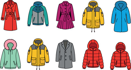 Winter Coat and Warm Jacket Vector Icon Set with Trench Coat, Puffer, Parka, Windbreaker, and Wool Overcoat for Fashion App and Retail Menu Design © Rtazmina