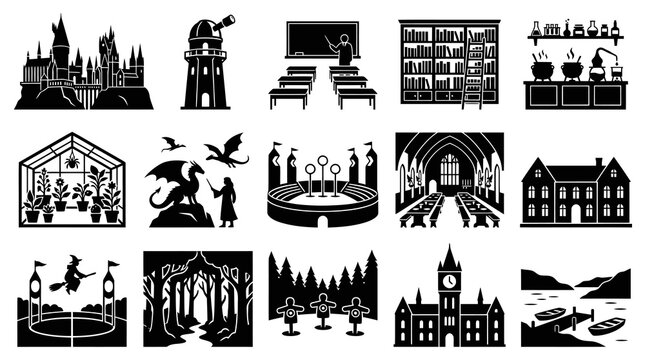 Wizarding World Fantasy Magic School Glyph Icons Set - Black  White Vector Illustrations
