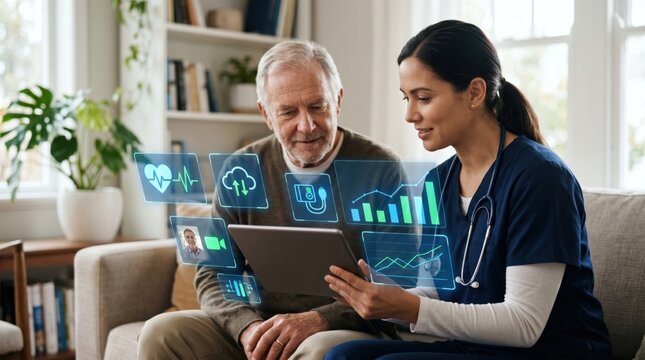 Nurse showing digital health data on tablet to senior patient at home, telemedicine concept with holographic medical icons for remote care and monitoring