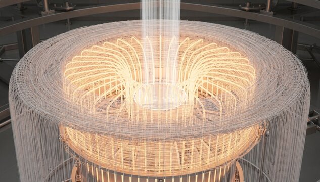 Medium shot capturing radial quench system where cooling air surrounds molten filaments uniformly highlighting circular airflow patterns and controlled cooling rates.