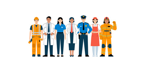 Fototapeta premium Diverse professionals standing together in various occupations and uniforms isolated on white background