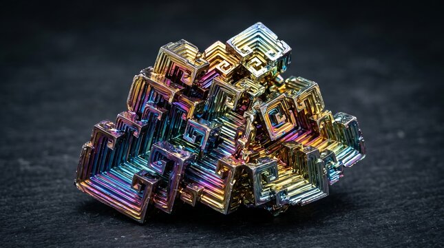 A detailed, sharp-focus photograph of a multicolored bismuth crystal, highlighting the precise, lab-grown geometric formations and metallic luster against a dark slate surface