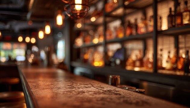 Warmly lit bar counter in a cozy pub with shelves of bottles