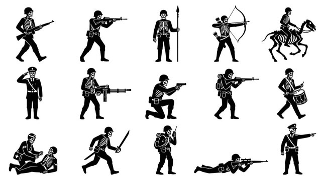 Black and White Glyph Skeleton Soldier Army War Icons Vector Collection with Weapons and Poses