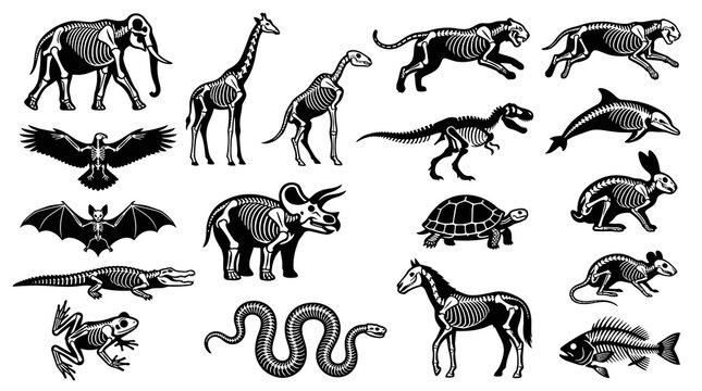 Educational Vertebrate Animal Skeletons Black  White Line Art Vector Illustration Set for Biology