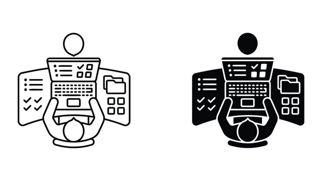 Person working on laptop with multiple screens and tasks icon set, multitasking