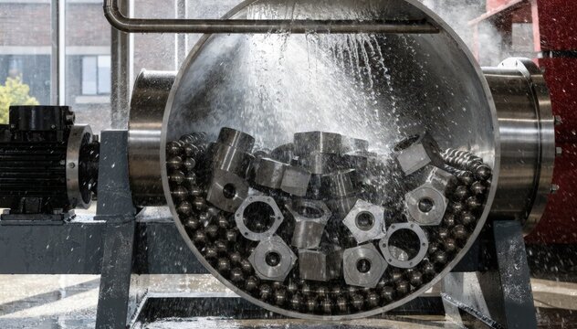 Medium shot of a tumble deburring process in action where parts rotate inside a drum to eliminate burrs and polish cutting edges efficiently.
