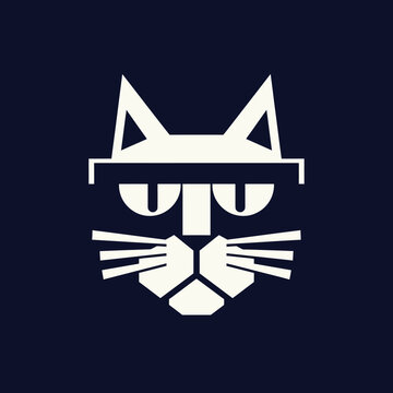 Geometric cat face with square glasses logo.