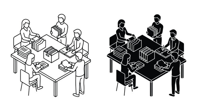 Office team working together on document organization and filing system