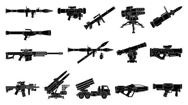 Black and white glyph icons of military missile launchers and rocket propelled grenade launchers
