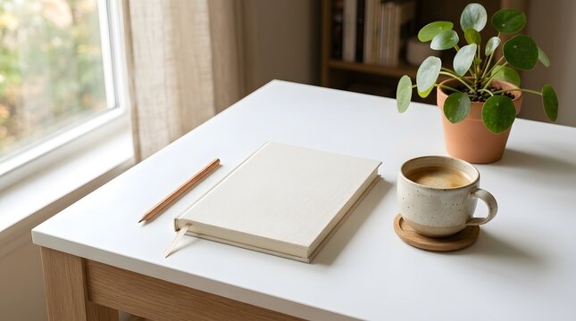 High angle shot of a clean workspace with a stylish book and pencil beside a steaming cup of coffee next to a vibrant green plant on white table top.