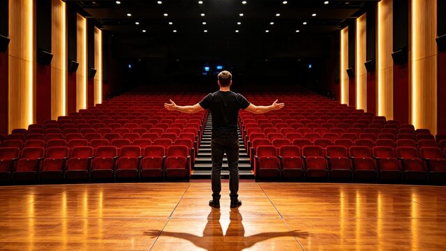 Male speaker standing on stage with open arms facing empty red seats in large auditorium, concept of public speaking, performance anxiety