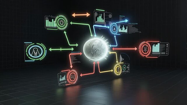 Dynamic futuristic AI brain interacting with flowing data streams in vibrant digital environment
