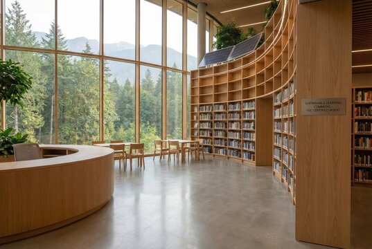Eco-friendly library design showcasing FSC certified timber and bright daylighting