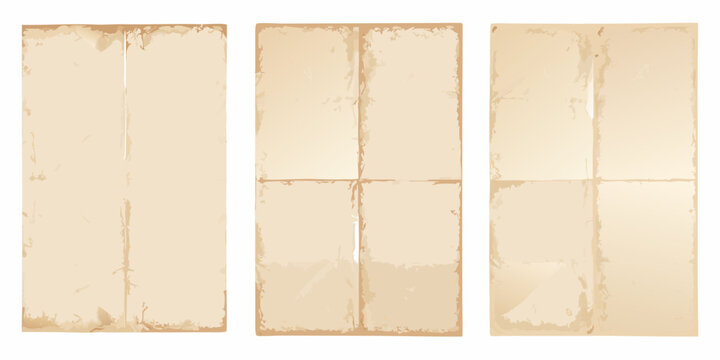 three vertical sheets of old folded beige paper on white background document vintage antique parchment texture