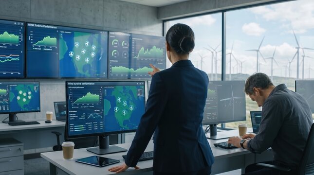 Engineers monitoring wind turbine performance in modern control room, data analysis on screens, renewable energy management center, offshore wind farm view through window
