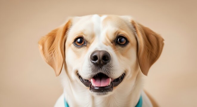 Close up portrait of a happy smiling mixed breed dog looking at camera on beige background.
