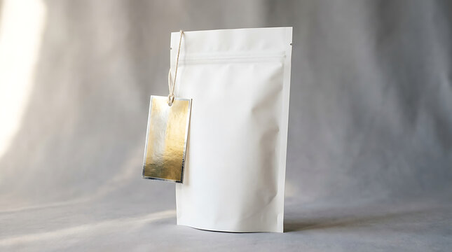 Blank white matte stand up pouch with metallic gold product tag for branding mockup presentation packaging
