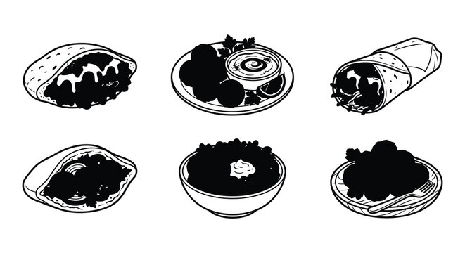 Assorted food dishes black vector illustrations on a white background