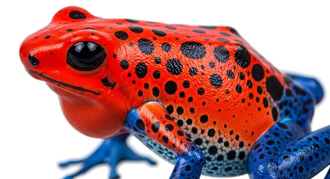 Close up studio portrait of a vibrant red and blue strawberry poison dart frog on a white background.