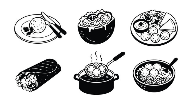Assorted food dishes black vector illustrations on a white background