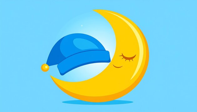 Cartoon-style illustration showing a yellow crescent moon with a sleeping cap against a blue background