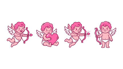 Obraz premium A set of cute cartoon cherubs with bows and hearts for romantic celebrations