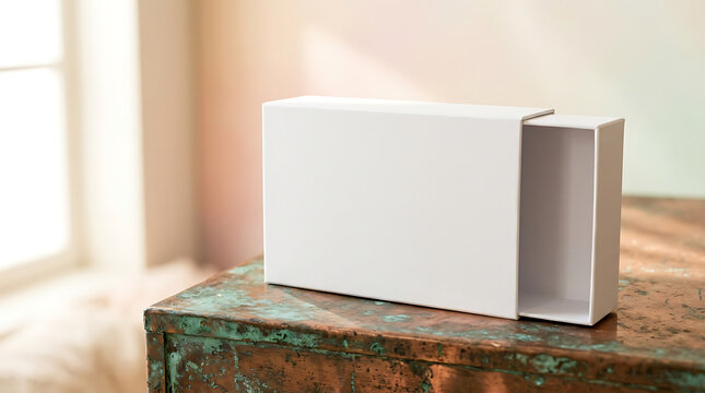 Blank white cardboard slide out box packaging mockup on a textured rustic table surface for luxury branding presentation