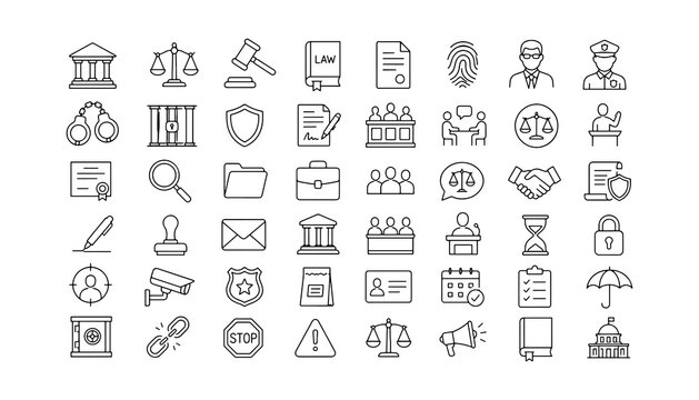 Collection of legal and justice icons in line style