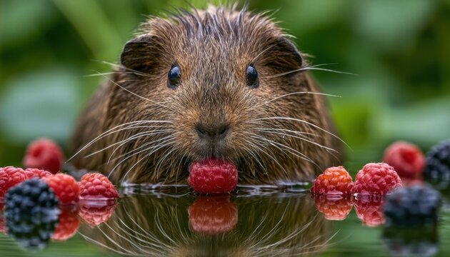 Brown furry guinea pig eating fresh red raspberry from reflective water surface with blackberries and green foliage