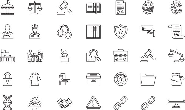 Collection of legal and justice icons in line style