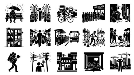 Fototapeta premium Urban Life and Social Issues Black White Glyph Vector Pictograms: City Scenes, People, Daily Activities, and Challenges.
