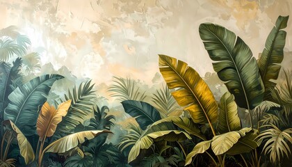 Large tropical banana leaves wide shot decorative mural in textured oil painting style with warm ambient lighting on a stucco wall background