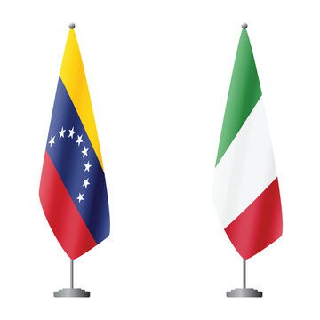 Venezuela and Italy flags on flagpoles for official ceremonies and meetings, transparent background vector