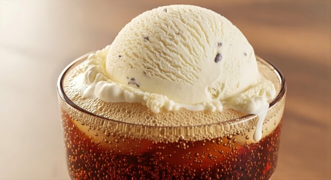 Creamy Vanilla Ice Cream Scoop in Cold Sparkling Soda